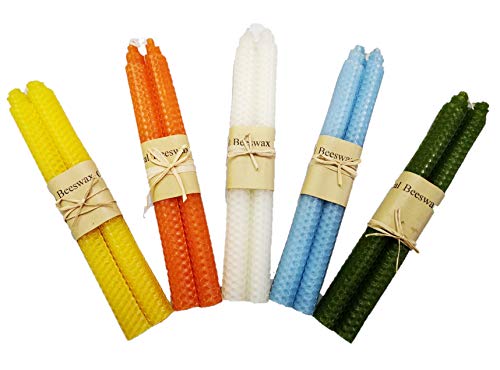 Beeswax Taper Candles – Handmade Natural Unscented Pure Beeswax 9 inch 5 Pairs Tapered Candles for Home by Toolart - Tall Decorative Odorless Variety Color Pack for All Occasions Great As Gifts