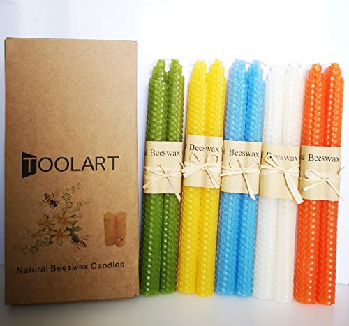 Beeswax Taper Candles – Handmade Natural Unscented Pure Beeswax 9 inch 5 Pairs Tapered Candles for Home by Toolart - Tall Decorative Odorless Variety Color Pack for All Occasions Great As Gifts