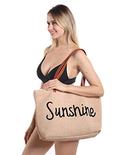 Women Beach Tote Summer Purse Handbag Utility Bag Zipper, Beige Cute Xl Large Woven Straw for Travel, Mom Female Sister Wife Girlfriend…