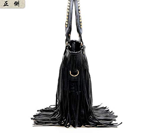 Downupdown Women Tassel Fringe Shoulder bag Big Tote Messenger Handbag Hobo Cross Body Bag (Black)