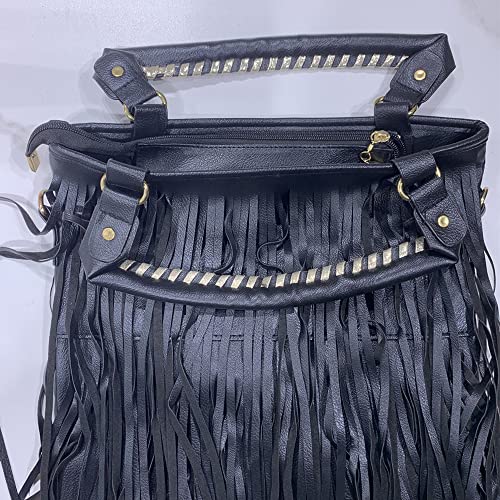 Downupdown Women Tassel Fringe Shoulder bag Big Tote Messenger Handbag Hobo Cross Body Bag (Black)