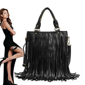 Downupdown Women Tassel Fringe Shoulder bag Big Tote Messenger Handbag Hobo Cross Body Bag (Black)