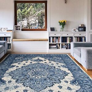 PRIYATE Distressed Vintage Indoor Area Rug 8' x 10' – Persian Style, Medallion, Oriental, Odelia Collection - Easy Clean, Pet Friendly, High Traffic Carpet - Bedroom, Hallway, Living & Dining Room