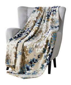decorative floral throw blanket: design accent for couch or bed, colors: light beige navy aqua blue yellow white