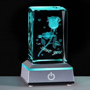 Anniversary Birthday Gifts for Girlfriend Wife Mom Cute, 3D Laser Crystal Rose Flower Christmas Valentines Day I Love You Gifts Night Light Romantic for Boyfriend Couples Her Him