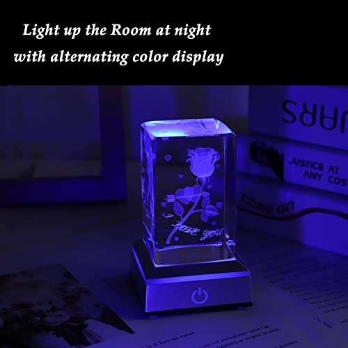 Anniversary Birthday Gifts for Girlfriend Wife Mom Cute, 3D Laser Crystal Rose Flower Christmas Valentines Day I Love You Gifts Night Light Romantic for Boyfriend Couples Her Him