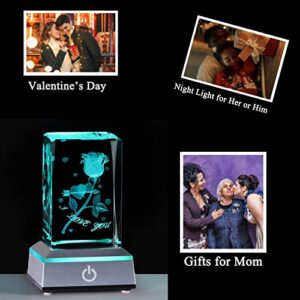 Anniversary Birthday Gifts for Girlfriend Wife Mom Cute, 3D Laser Crystal Rose Flower Christmas Valentines Day I Love You Gifts Night Light Romantic for Boyfriend Couples Her Him