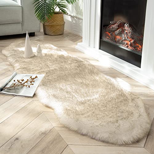 Ashler HOME DECO Ultra Soft Faux Fox Fur Rug White Brown Fluffy Area Rug, Carpets Fluffy Rug Chair Couch Cover for Bedroom Floor Sofa Living Room 2 x 6 Feet