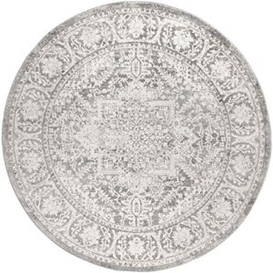 jonathan y mdp100a-5r modern persian vintage medallion indoor area-rug country floral easy-cleaning bedroom kitchen living room, 5′ round, light grey