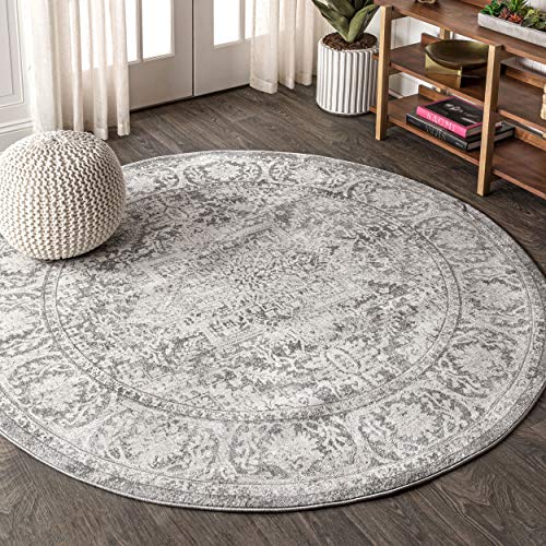 JONATHAN Y MDP100A-5R Modern Persian Vintage Medallion Indoor Area-Rug Country Floral Easy-Cleaning Bedroom Kitchen Living Room, 5' Round, Light Grey