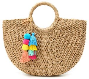 womens large straw bags beach tote bag hobo summer handwoven bags purse with pom poms
