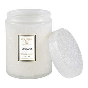 voluspa mokara candle | small glass jar with matching glass lid | 5.5 oz | all natural wicks and coconut wax for clean burning