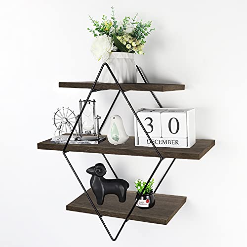 Befayoo Floating Shelves for Wall, Rustic Wood Geometric Style Decor Shelf for Bathroom Bedroom Living Room Kitchen Office (Diamond, Coffee)