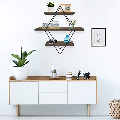 Befayoo Floating Shelves for Wall, Rustic Wood Geometric Style Decor Shelf for Bathroom Bedroom Living Room Kitchen Office (Diamond, Coffee)