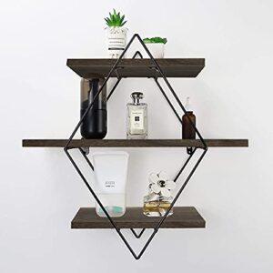 Befayoo Floating Shelves for Wall, Rustic Wood Geometric Style Decor Shelf for Bathroom Bedroom Living Room Kitchen Office (Diamond, Coffee)