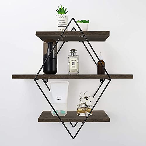 Befayoo Floating Shelves for Wall, Rustic Wood Geometric Style Decor Shelf for Bathroom Bedroom Living Room Kitchen Office (Diamond, Coffee)