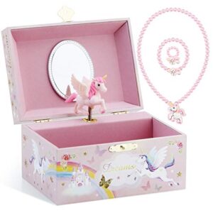 rr round rich design musical jewelry glitter storage box and jewelry set for little girls with spinning unicorn and rainbow – over the waves tune pink