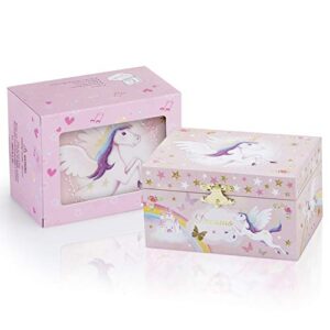 RR ROUND RICH DESIGN Musical Jewelry Glitter Storage Box and Jewelry Set for Little Girls with Spinning Unicorn and Rainbow - Over the Waves Tune Pink