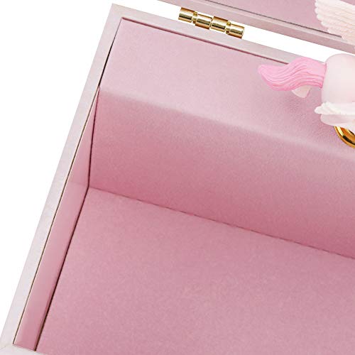 RR ROUND RICH DESIGN Musical Jewelry Glitter Storage Box and Jewelry Set for Little Girls with Spinning Unicorn and Rainbow - Over the Waves Tune Pink