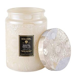 voluspa santal vanille candle | large glass jar | 18 oz | 100 hour burn | vegan | all natural wicks and coconut wax for clean burning