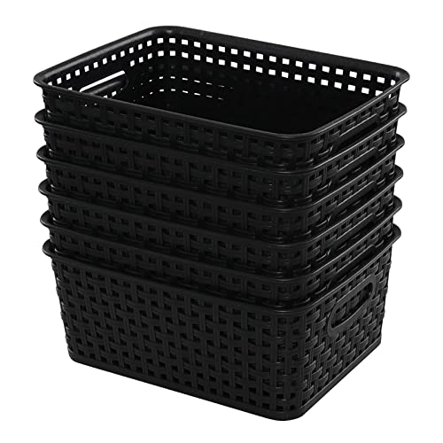 Farmoon Plastic Black Woven Basket, Pantry Storage Shelf Baskets Bin, 6 Packs