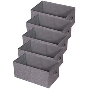 TENABORT Set of 5 Closet Organizer Bins with Handle, Linen Fabric Foldable Storage Baskets Cloth Box Containers for Shelves Home Office Clothes Clothing, Gray, Jumbo