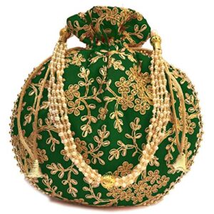 devik decor indian ethnic potli bag ladies handbag purse for bridal party wedding and gifting, dark green