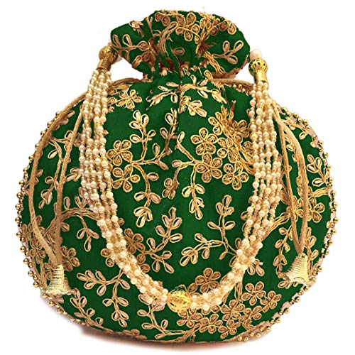 Devik Decor Indian Ethnic Potli bag Ladies Handbag Purse for Bridal Party wedding and Gifting, Dark Green