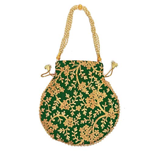 Devik Decor Indian Ethnic Potli bag Ladies Handbag Purse for Bridal Party wedding and Gifting, Dark Green