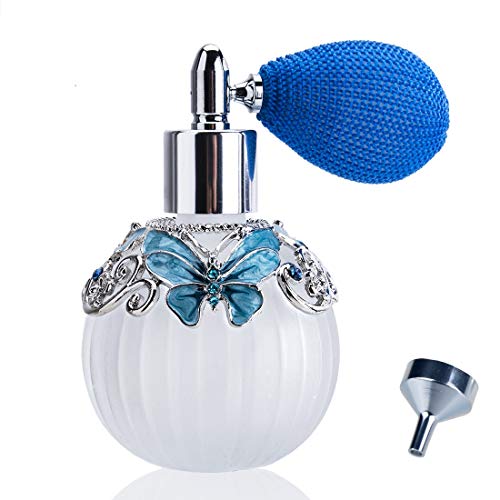 Glass Perfume Bottle with Spray Atomizer+Squeeze Bulb+Funnel,Hand-Painted Butterfly Pattern,Refillable Crystal Atomizer Bottle(50ml,Blue)