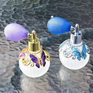 Glass Perfume Bottle with Spray Atomizer+Squeeze Bulb+Funnel,Hand-Painted Butterfly Pattern,Refillable Crystal Atomizer Bottle(50ml,Blue)