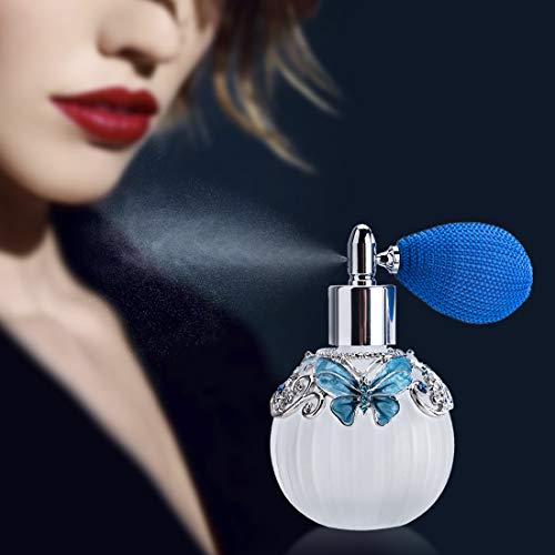 Glass Perfume Bottle with Spray Atomizer+Squeeze Bulb+Funnel,Hand-Painted Butterfly Pattern,Refillable Crystal Atomizer Bottle(50ml,Blue)