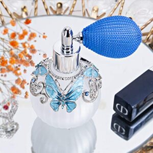 Glass Perfume Bottle with Spray Atomizer+Squeeze Bulb+Funnel,Hand-Painted Butterfly Pattern,Refillable Crystal Atomizer Bottle(50ml,Blue)