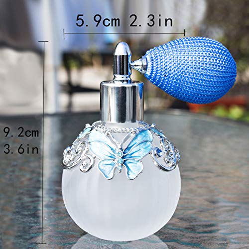 Glass Perfume Bottle with Spray Atomizer+Squeeze Bulb+Funnel,Hand-Painted Butterfly Pattern,Refillable Crystal Atomizer Bottle(50ml,Blue)