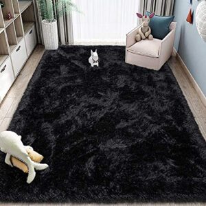 4x6 black area rugs for living room super soft floor fluffy carpet natural comfy thick fur mat princess girls room rug (4×6 feet, black)