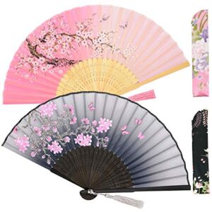 zolee 2 pcs small folding hand fans for women – chinese japanese vintage bamboo silk fans – for dance, performance, decoration, wedding, party，gift (gray & pink sakura)