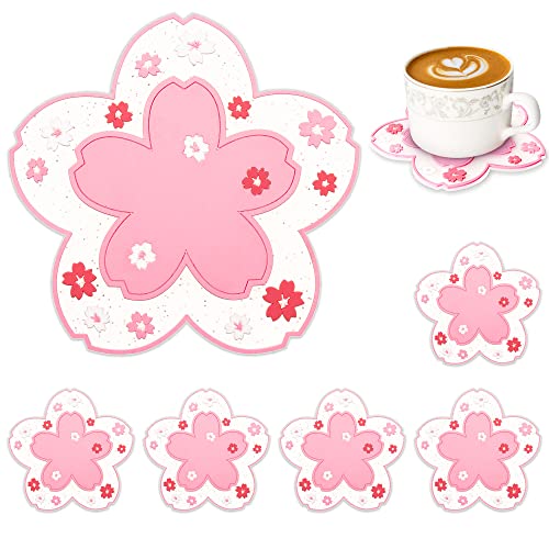 Conisy Flower Coasters for Drinks,6 Pcs Cute Non-Slip Washable Reusable Heat Resistant Silicone Coasters (Sakura,Pink)