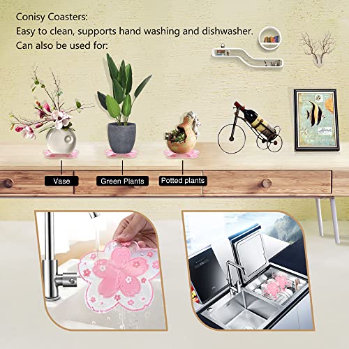 Conisy Flower Coasters for Drinks,6 Pcs Cute Non-Slip Washable Reusable Heat Resistant Silicone Coasters (Sakura,Pink)