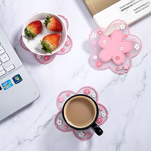 Conisy Flower Coasters for Drinks,6 Pcs Cute Non-Slip Washable Reusable Heat Resistant Silicone Coasters (Sakura,Pink)