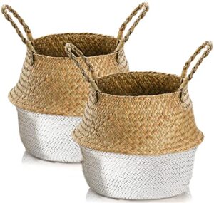 yesland 2 pcs seagrass plant basket – woven picnic basket with handles – ideal belly basket for storage plant pot basket, laundry, picnic, plant pot cover, beach bag and grocery basket (l)