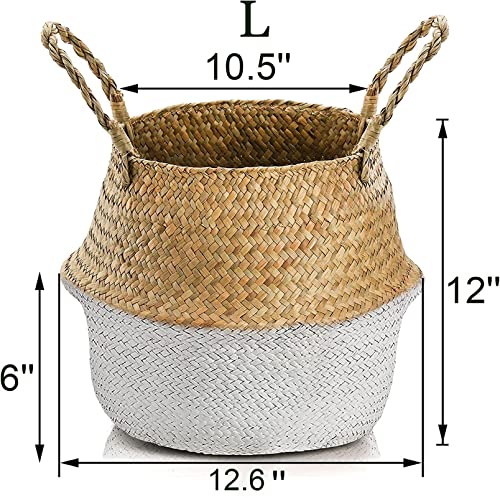 Yesland 2 Pcs Seagrass Plant Basket - Woven Picnic Basket with Handles - Ideal Belly Basket for Storage Plant Pot Basket, Laundry, Picnic, Plant Pot Cover, Beach Bag and Grocery Basket (L)