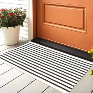 Breezsisan Black and White Striped Outdoor Rug, Cotton, 23x35.5 Inches Striped Rug, Under Mat Rug for Front Porch, Patio, Entryway, Farmhouse, Handwoven Modern Rug, Striped Carpet & Welcome Mat.