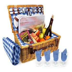 nature gear upgraded 4 person xl picnic basket (4 person + blanket, blue & white)