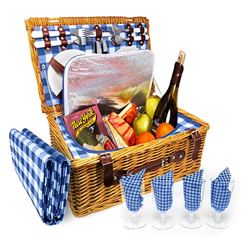 Nature Gear Upgraded 4 Person XL Picnic Basket (4 Person + Blanket, Blue & White)