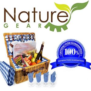 Nature Gear Upgraded 4 Person XL Picnic Basket (4 Person + Blanket, Blue & White)