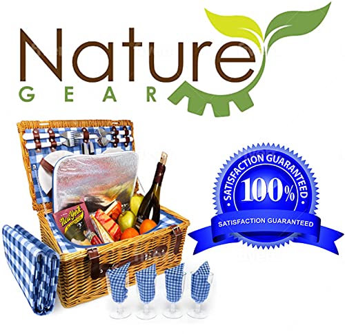 Nature Gear Upgraded 4 Person XL Picnic Basket (4 Person + Blanket, Blue & White)