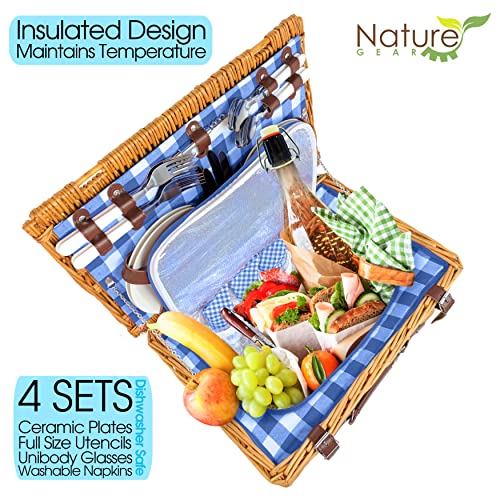 Nature Gear Upgraded 4 Person XL Picnic Basket (4 Person + Blanket, Blue & White)