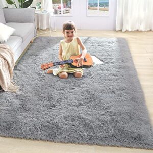 comeet fluffy shaggy area rugs for bedroom, 5’x8′, grey rug soft shag rug for living room, anti-skid bedside rug for kids room, shaggy throw rug for nursery room, dorm home decor furry carpet