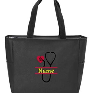 Personalized Monogram Tote Bag Nurse Doctor Appreciation Heart Stethoscope Initials Gift RN LPN CAN (Design #3/Black)