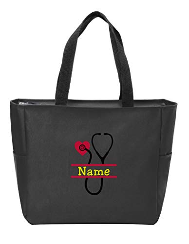 Personalized Monogram Tote Bag Nurse Doctor Appreciation Heart Stethoscope Initials Gift RN LPN CAN (Design #3/Black)